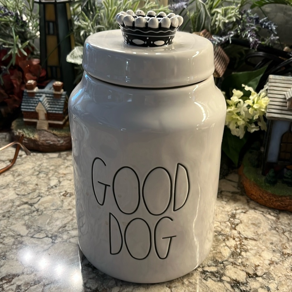 REA DUNN CANNISTER. Cream with black letters that read GOOD DOG!   9 1/2 “ tall